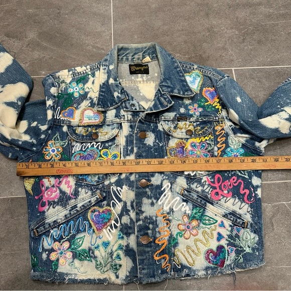 Wrangler denim jacket reworked painted bleached western cropped cut off jean - Picture 4 of 13